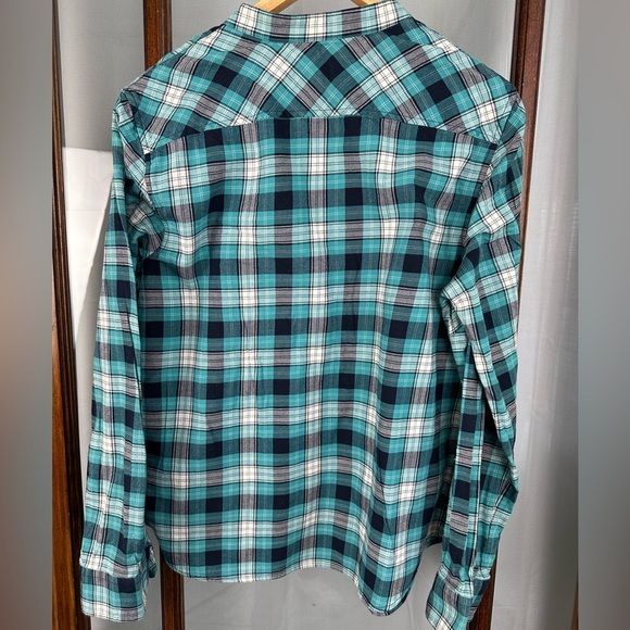 Talbots 16 Button Blouse Top Ruffle Front Plaid Roll Tab Sleeves Green Flannel - Picture 6 of 8